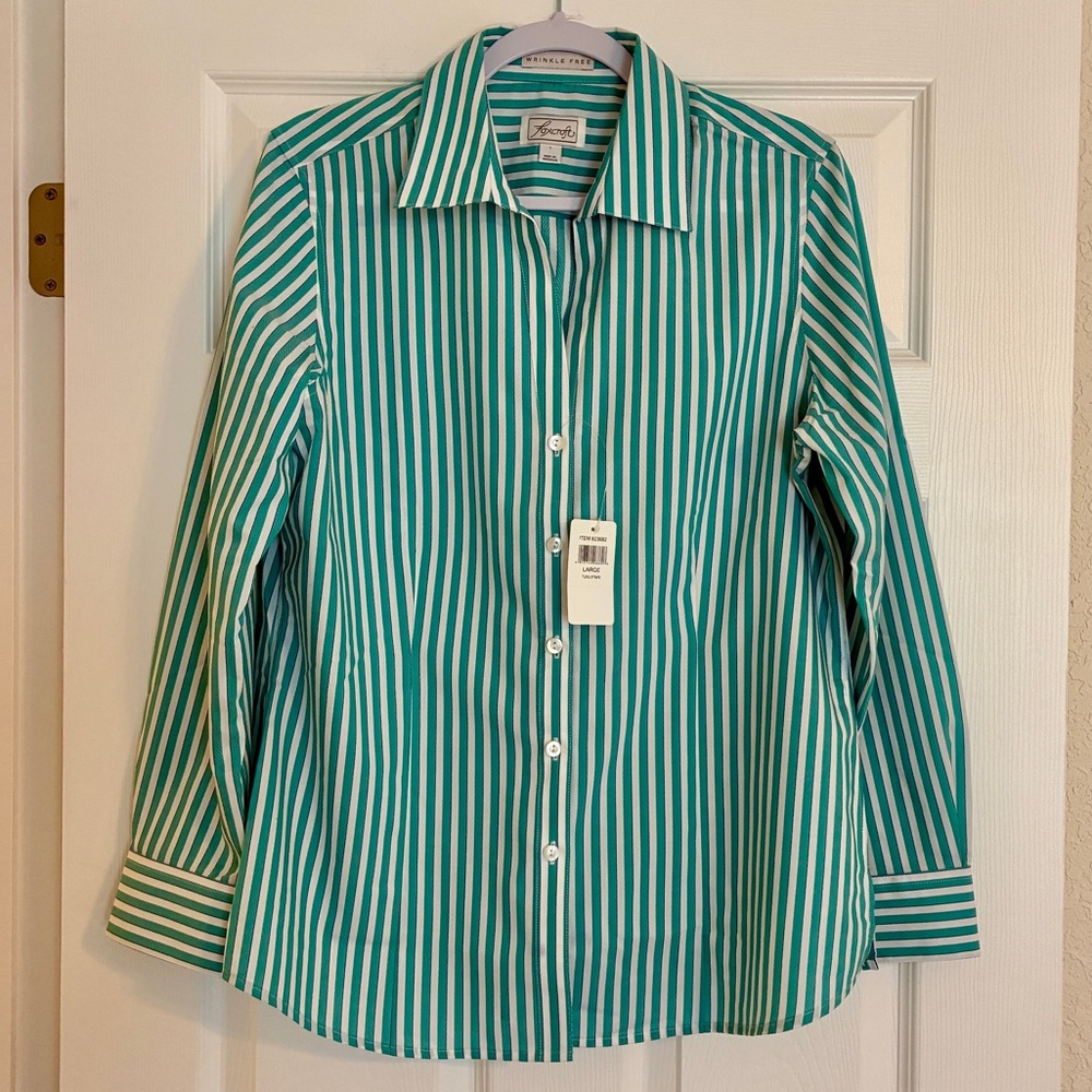 Foxcroft Teal and White Striped Blouse